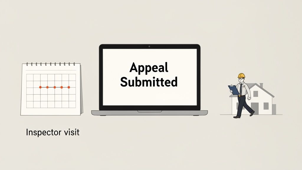 An illustration of the planning permission appeal process, showing a calendar, submitted appeal on a laptop, and an inspector visiting a house.