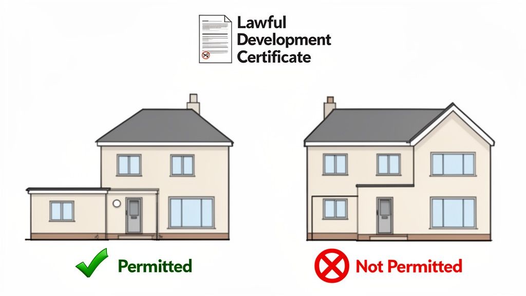 Illustration comparing a permitted house extension with a non-permitted one under a lawful development certificate.
