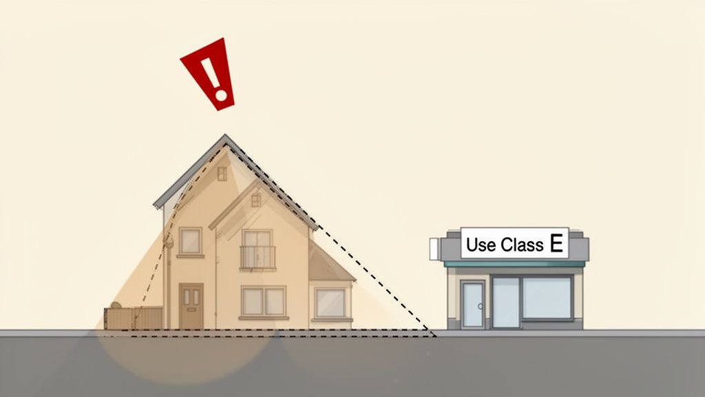 Diagram illustrating a residential house with a warning, near a commercial building labeled 'Use Class E'.
