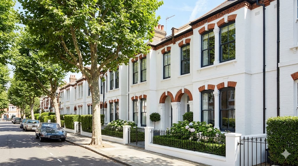 White stucco Victorian townhouses