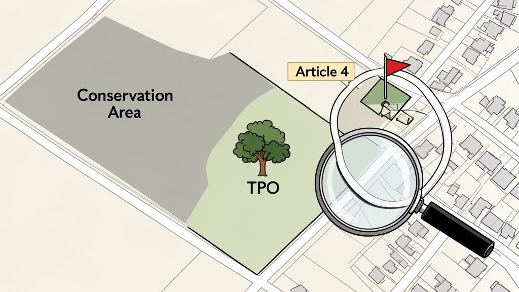 An illustrative map displaying land use designations: Conservation Area, TPO tree, and Article 4 zone.