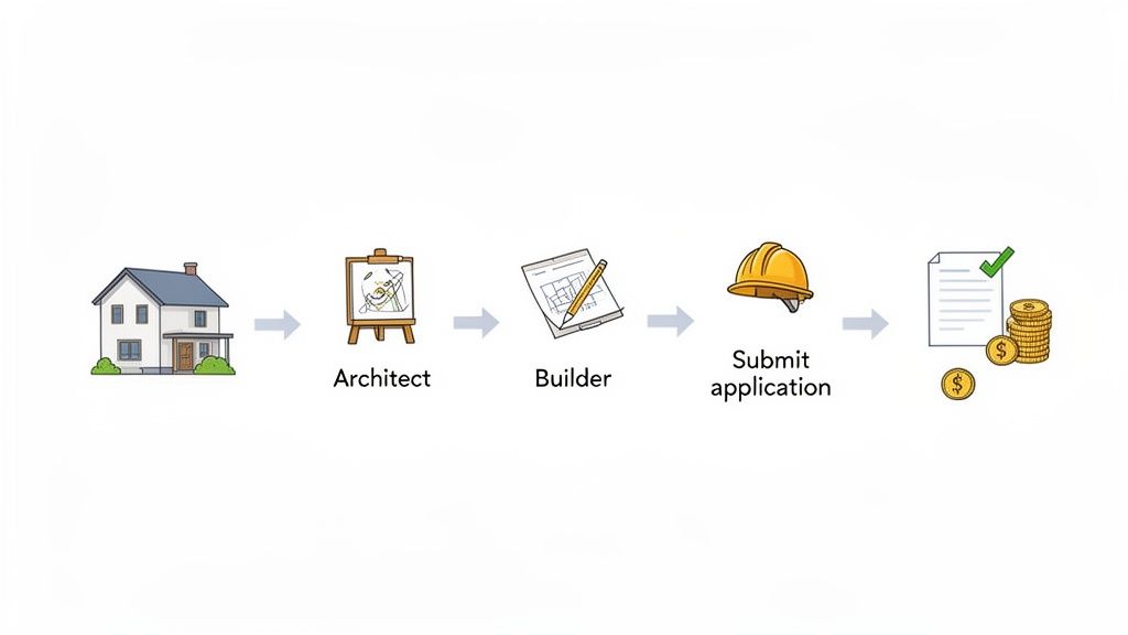 Flowchart illustrating the process of house planning, design, building, application submission, and approval.