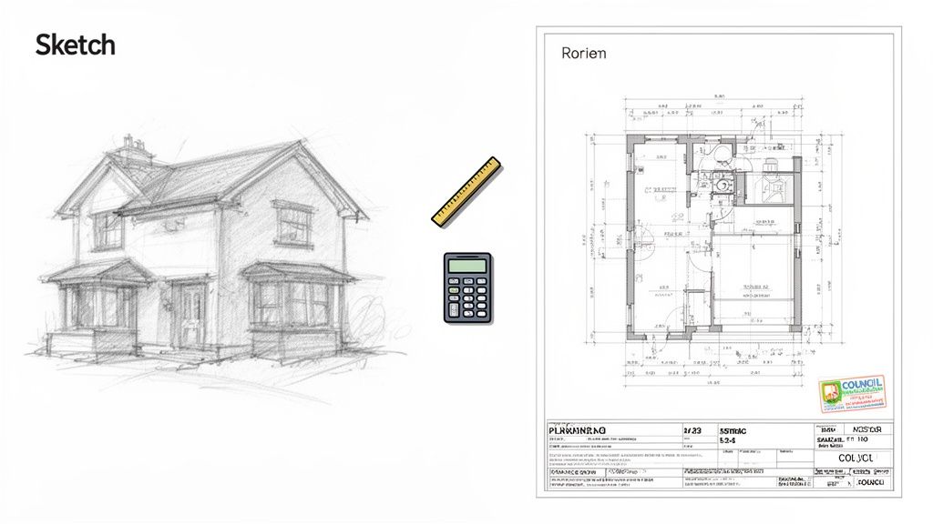 A house sketch, ruler, calculator, and detailed architectural blueprints illustrate planning permission processes.