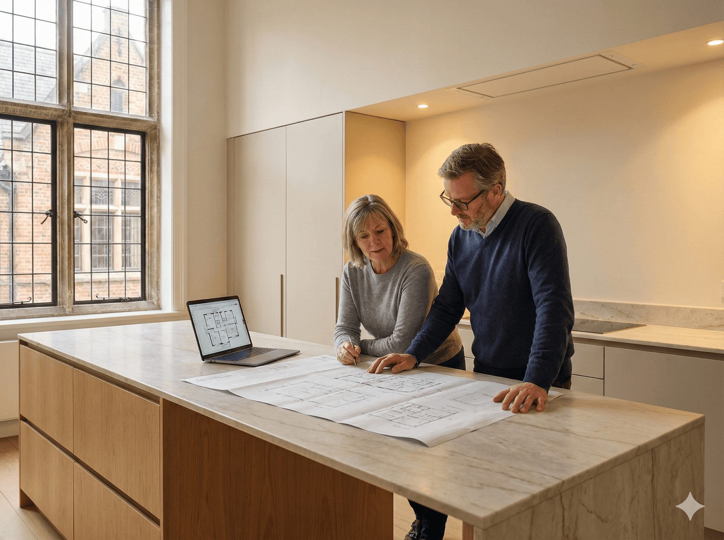 Middle-aged couple reviewing architectural plans at a modern kitchen island