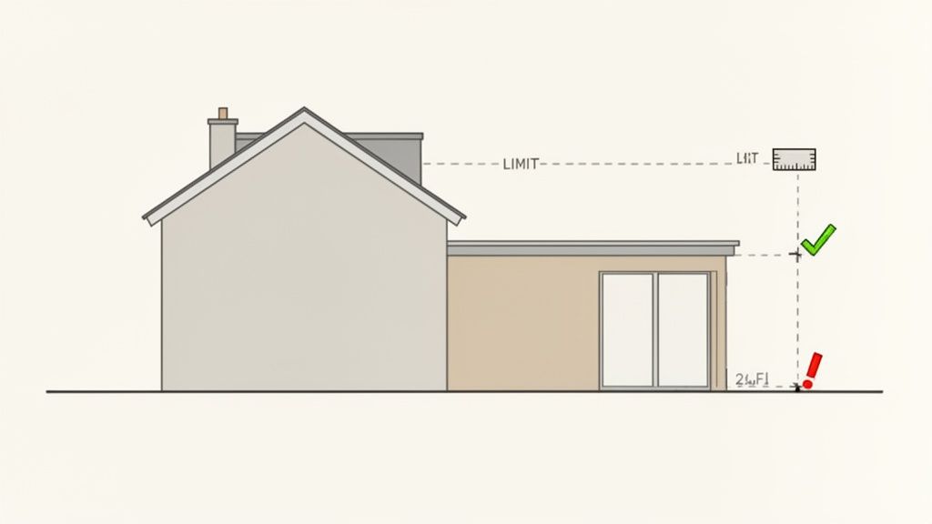 Side view of a house extension with dashed lines indicating height and planning permission limits.