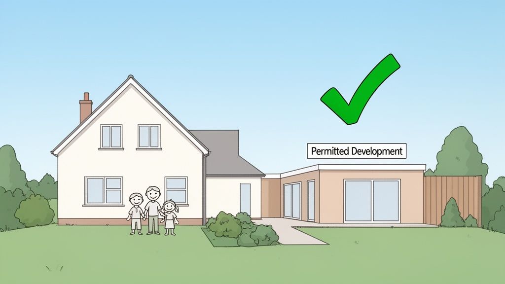 A family stands in front of their home with a new extension, marked by a green checkmark for permitted development.