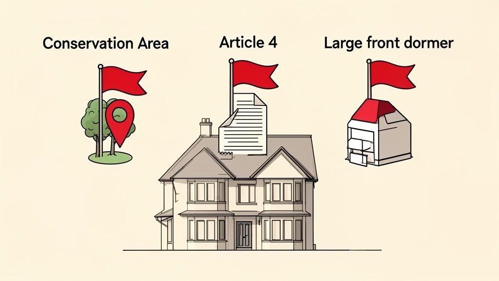 Illustration showing a house with flags representing 'Conservation Area,' 'Article 4,' and 'Large front dormer' considerations.