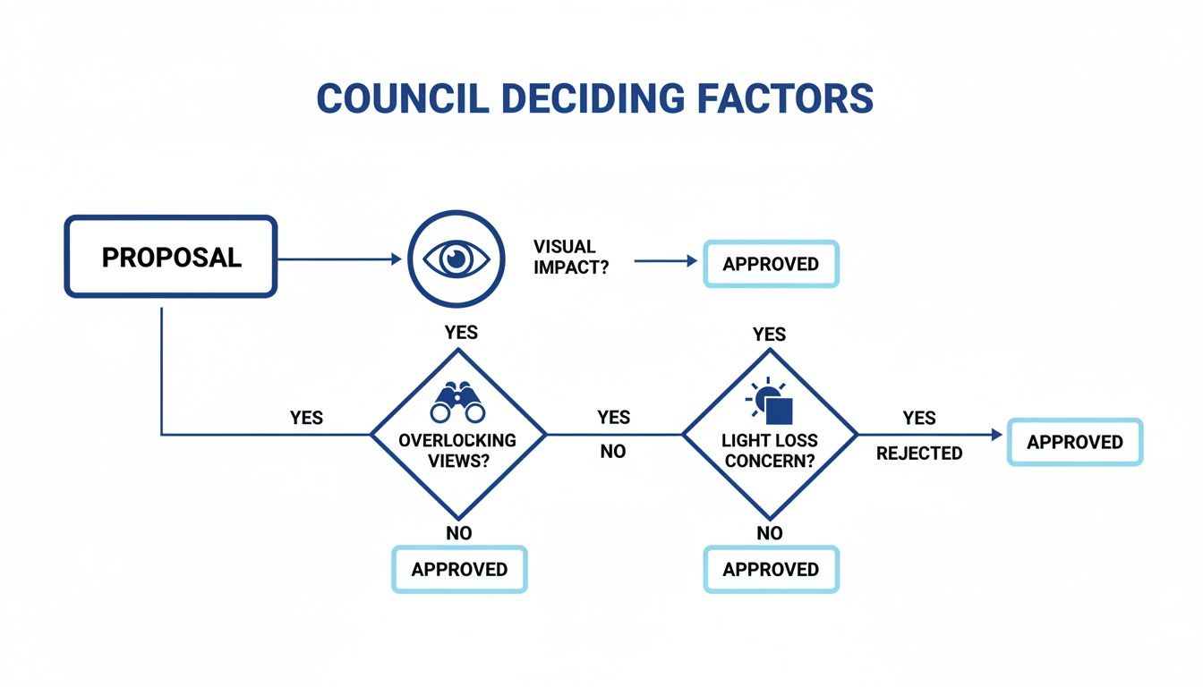 Flowchart showing council's decision-making process for a proposal based on visual impact, overlooking views, and light loss.